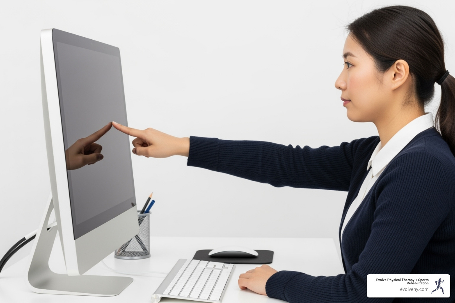person demonstrating correct monitor height and distance - sitting posture at work