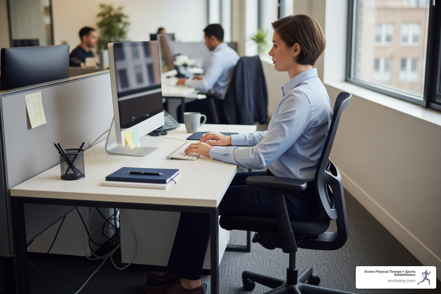 person sitting at desk with proper posture - sitting posture at work
