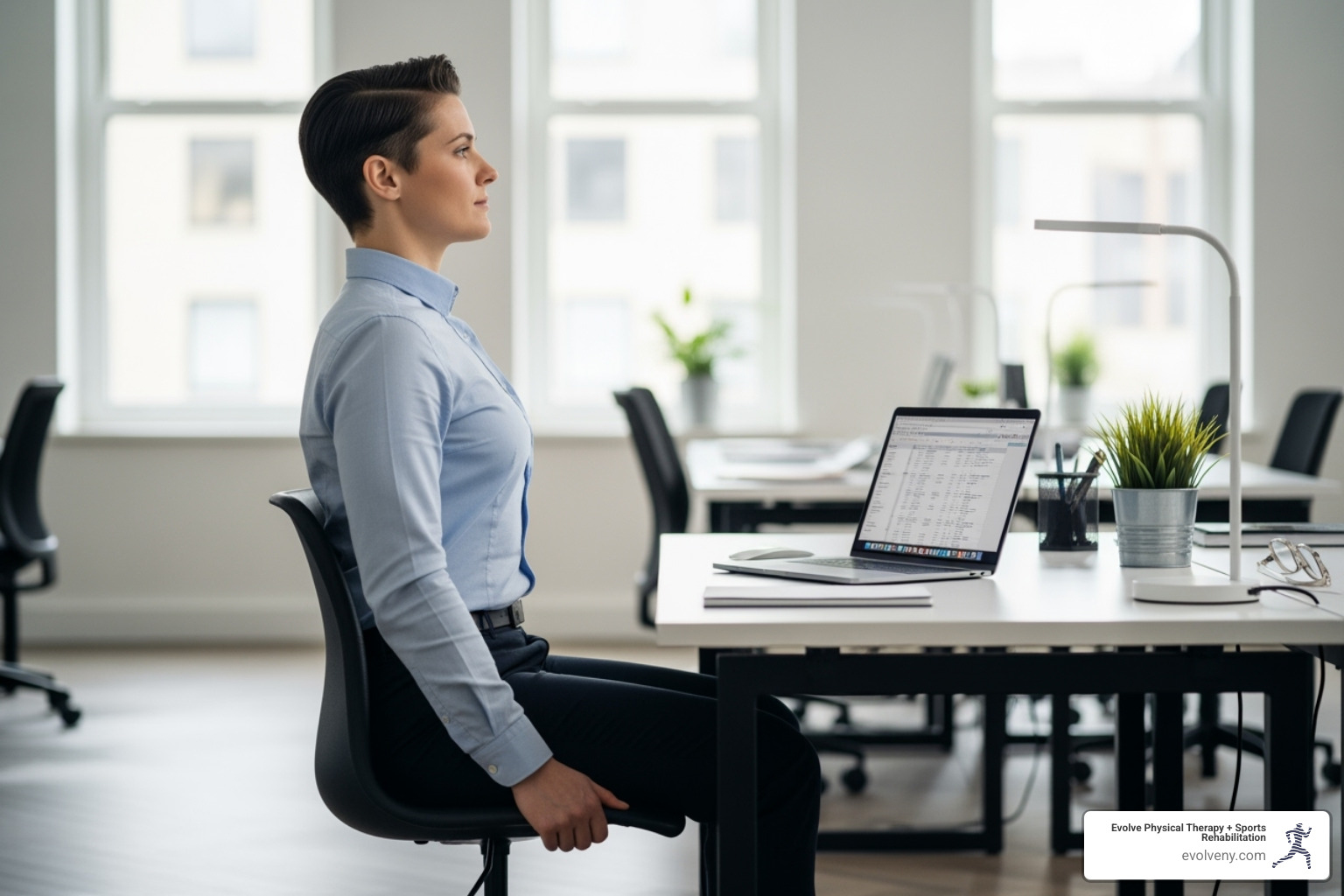 person doing a simple desk stretch like a chin tuck or shoulder squeeze - sitting posture at work