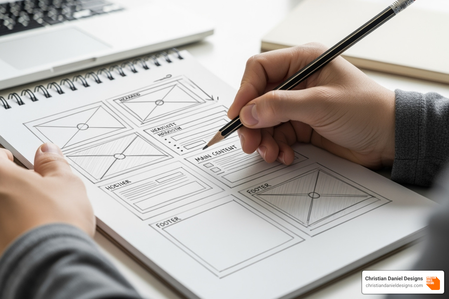 a person sketching out a website layout on a notepad - squarespace web design near me