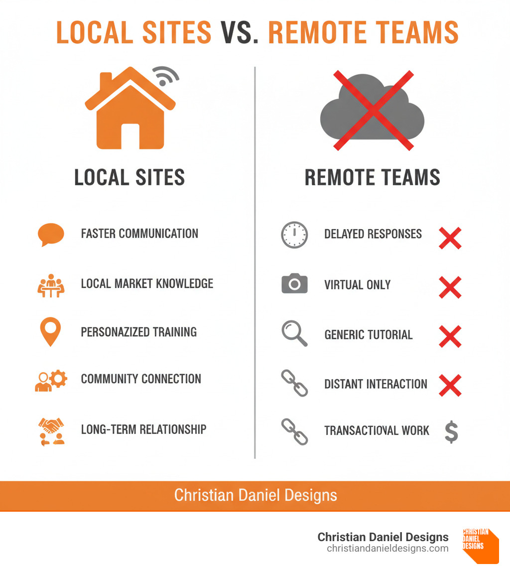 infographic showing the key benefits of hiring a local Squarespace web designer versus a remote agency, including faster communication, in-person meetings, local market knowledge, personalized training, community connection, and long-term relationship building - squarespace web design near me infographic 
