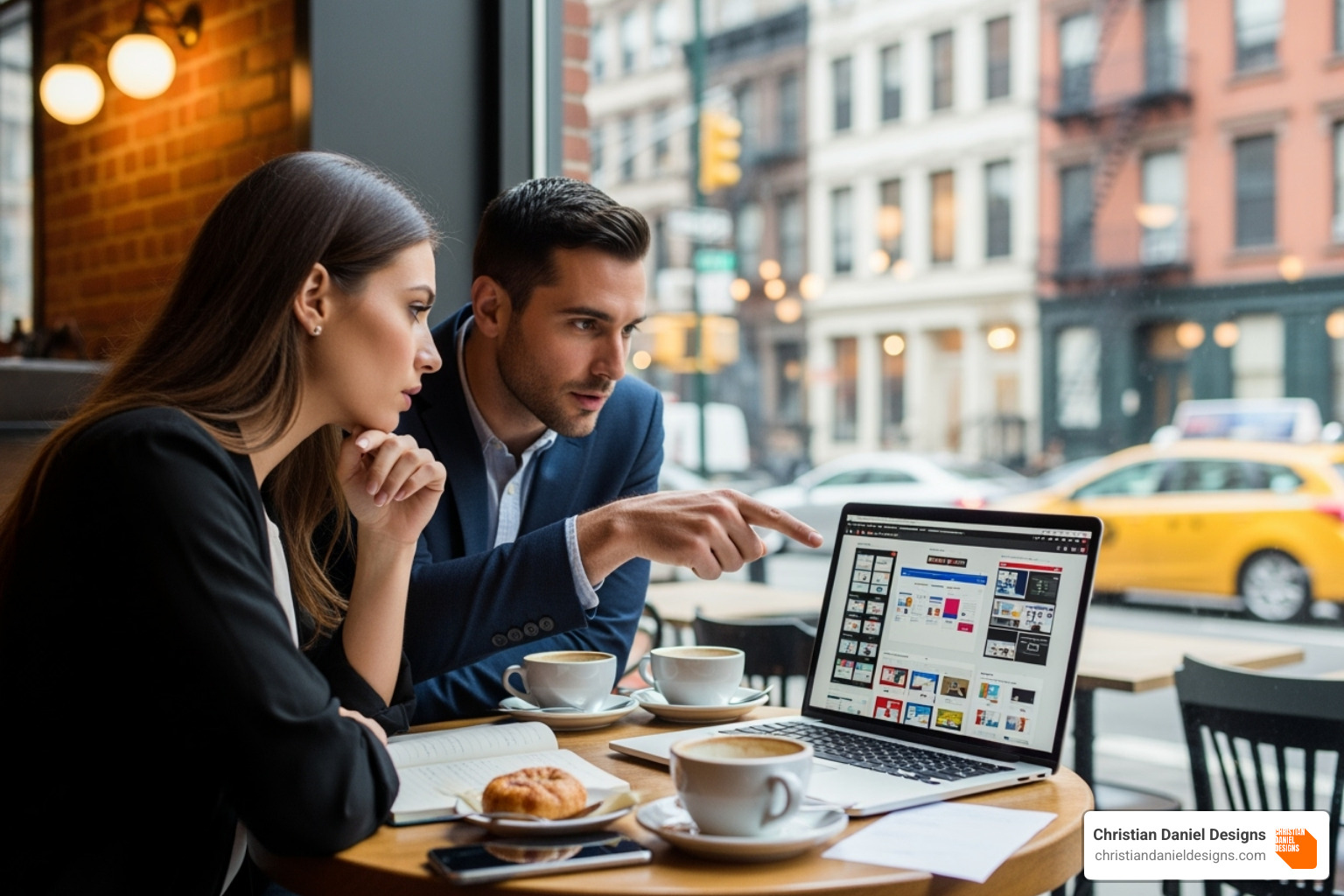 Two people collaborating over a laptop in a chic NYC cafe discussing web design - Squarespace designer NYC