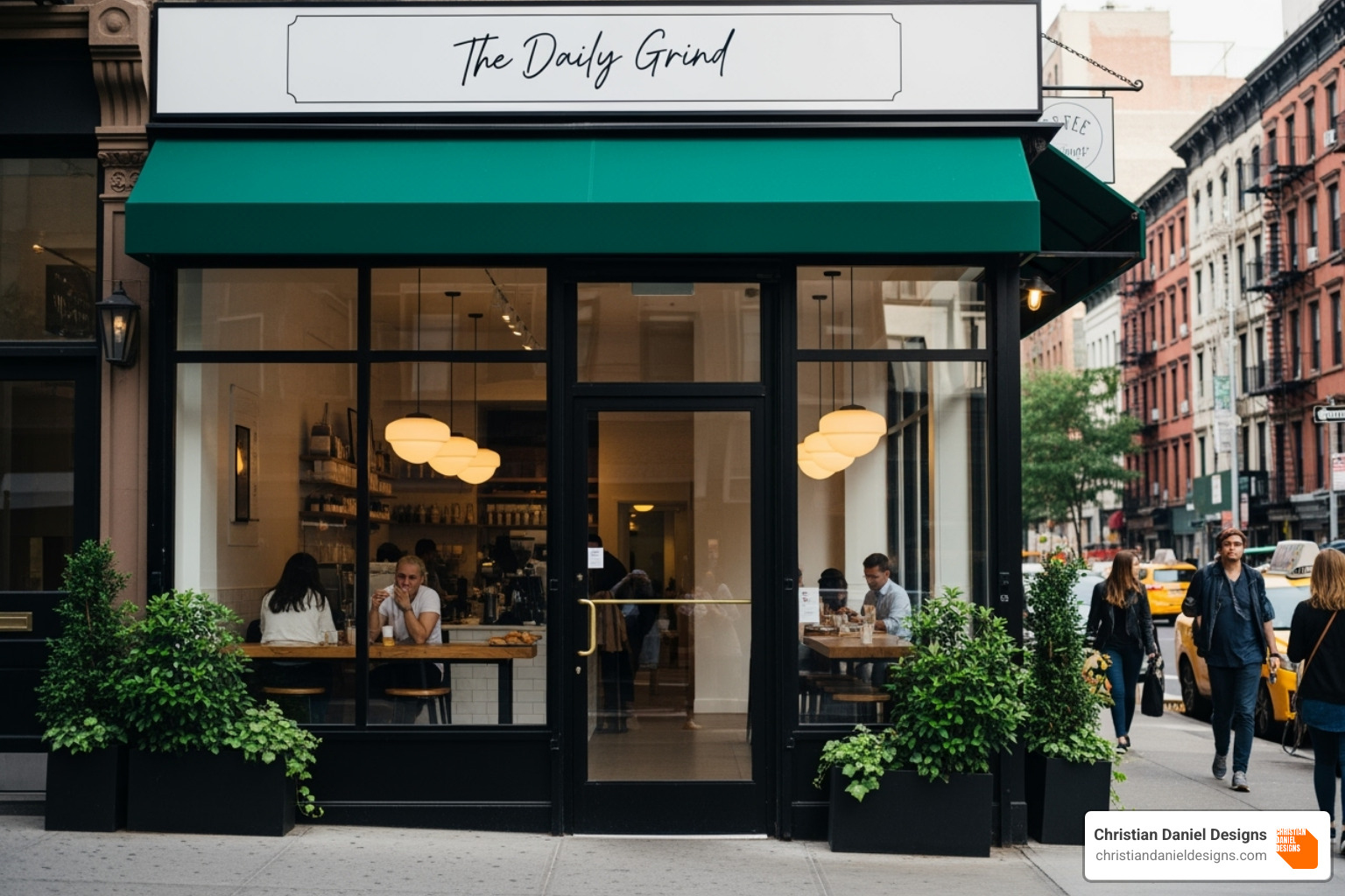 A thriving NYC small business storefront with a modern, inviting facade - Squarespace designer NYC