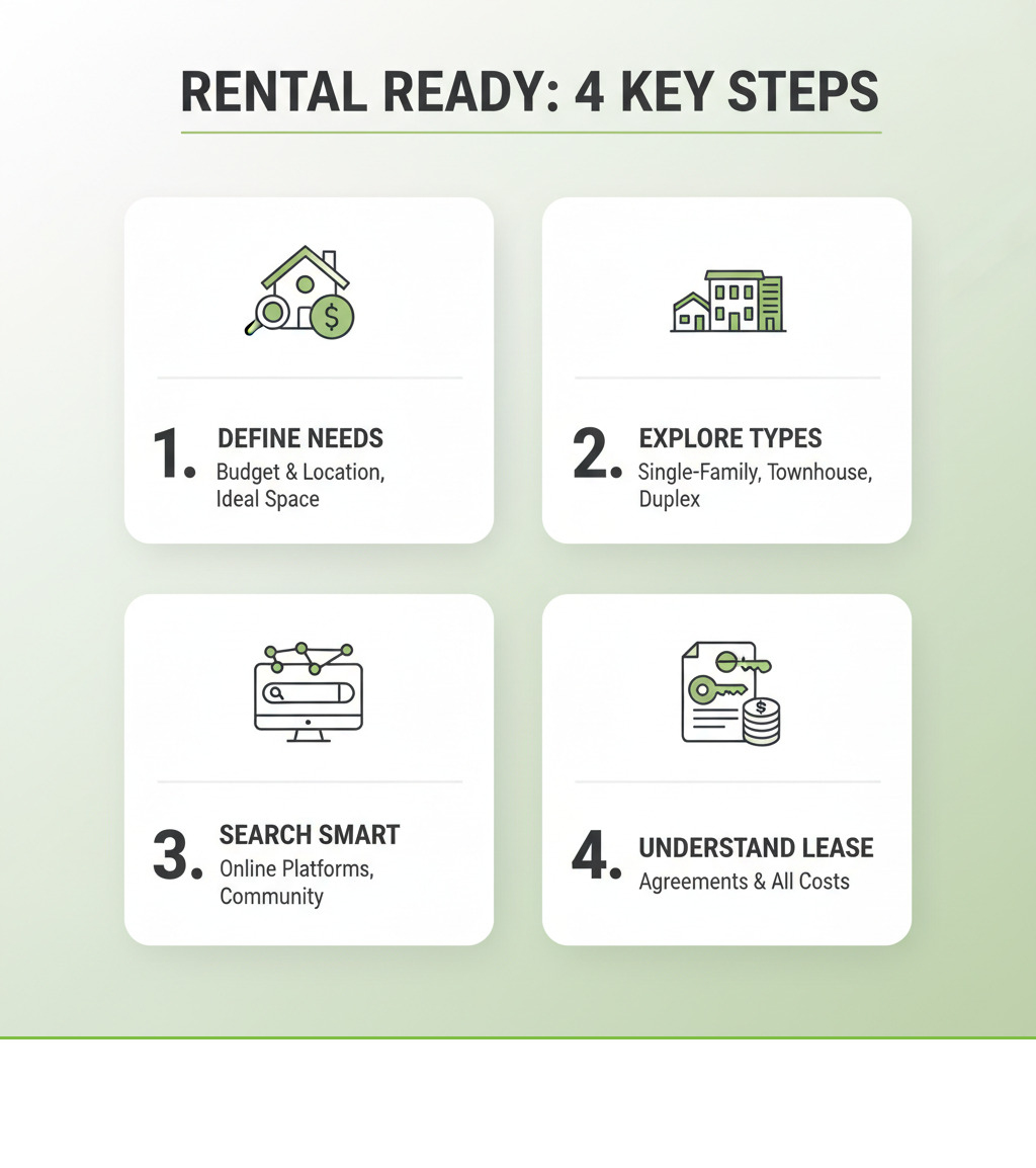 infographic showing 4 key steps to renting a house: 1. Define your ideal rental with budget and location needs, 2. Explore main types like single-family homes and townhouses, 3. Search using online platforms and community networks, 4. Navigate lease agreements and understand all costs - houses for rent infographic  infographic showing 4 key steps to renting a house: 1. Define your ideal rental with budget and location needs, 2. Explore main types like single-family homes and townhouses, 3. Search using online platforms and community networks, 4. Navigate lease agreements and understand all costs - houses for rent infographic