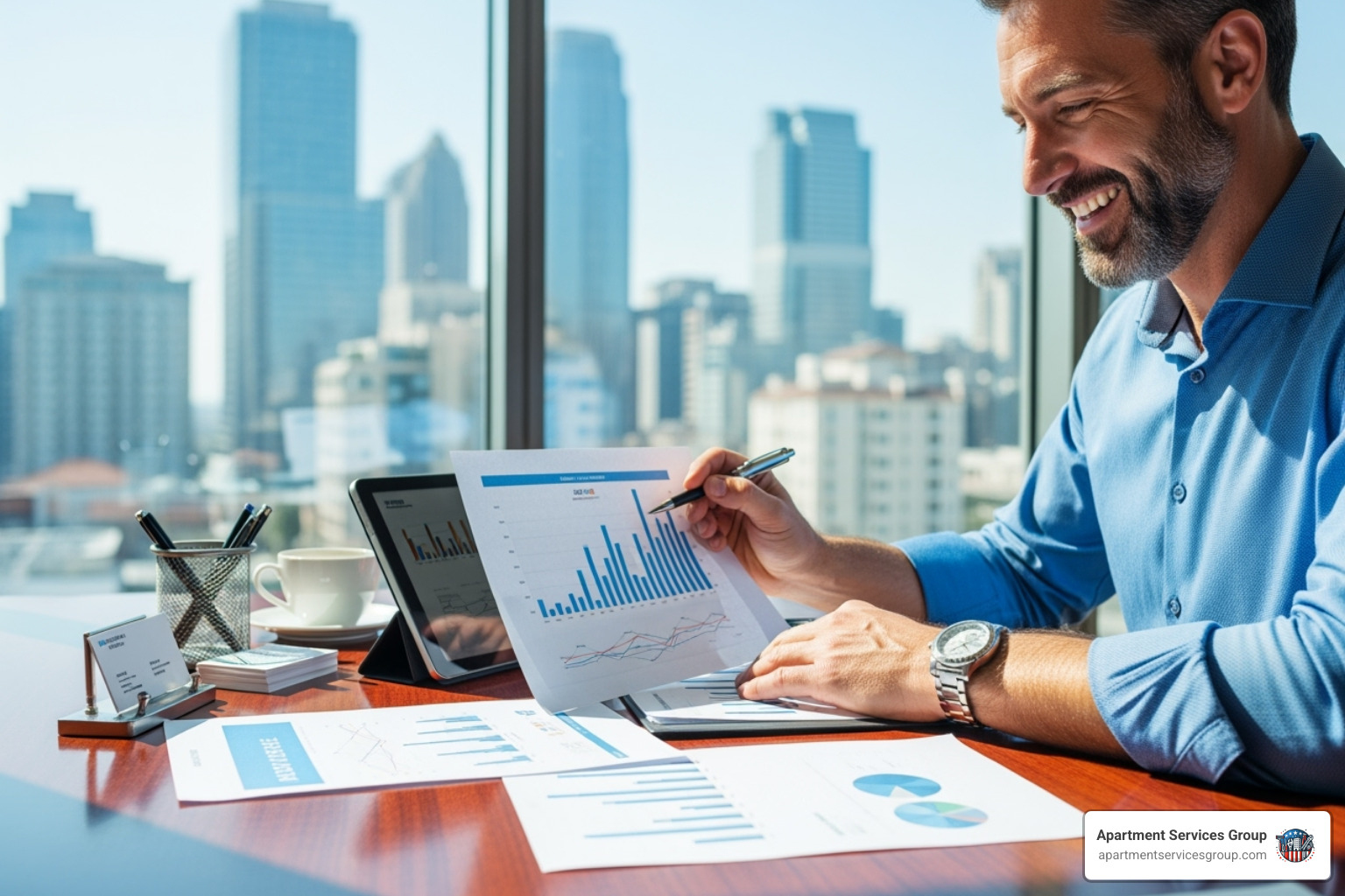 A happy property owner reviewing positive financial reports - West Houston property management A happy property owner reviewing positive financial reports - West Houston property management