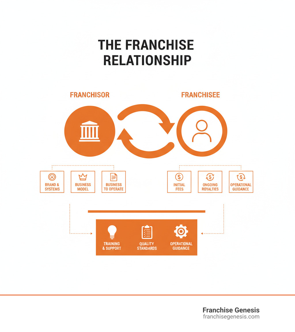 Infographic showing the franchise relationship: A franchisor grants the franchisee the right to use their brand, business model, and systems in exchange for initial franchise fees and ongoing royalties, while providing training, support, and quality standards - franchise my business infographic Infographic showing the franchise relationship: A franchisor grants the franchisee the right to use their brand, business model, and systems in exchange for initial franchise fees and ongoing royalties, while providing training, support, and quality standards - franchise my business infographic
