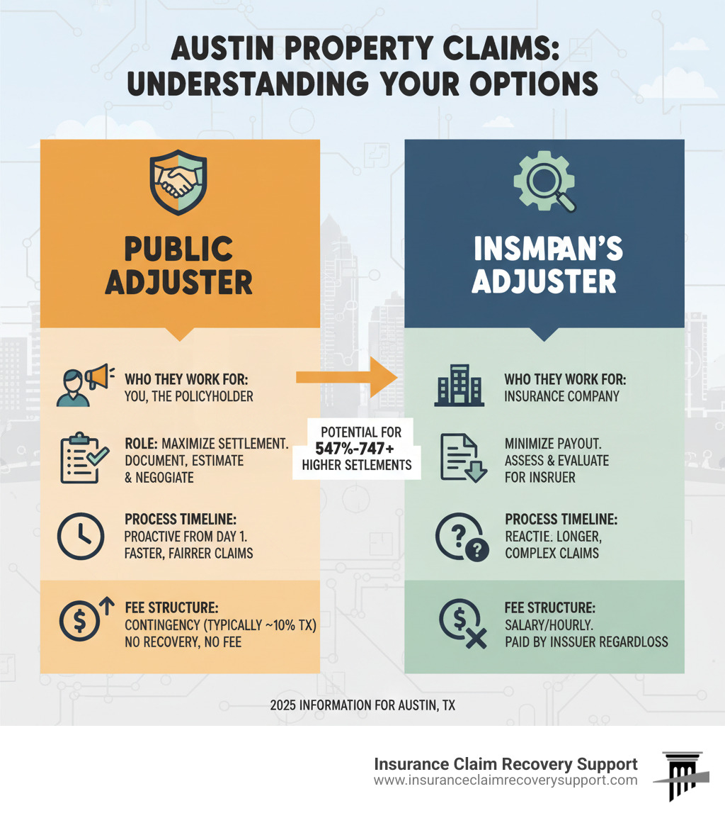 Infographic comparing public adjuster vs company adjuster roles, process timeline, and fee structures for Austin property claims - public insurance adjuster austin infographic  Infographic comparing public adjuster vs company adjuster roles, process timeline, and fee structures for Austin property claims - public insurance adjuster austin infographic