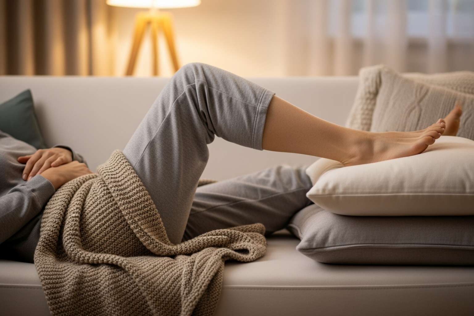Illustrating gentle rest and elevation for calf strain - strained calf muscle
