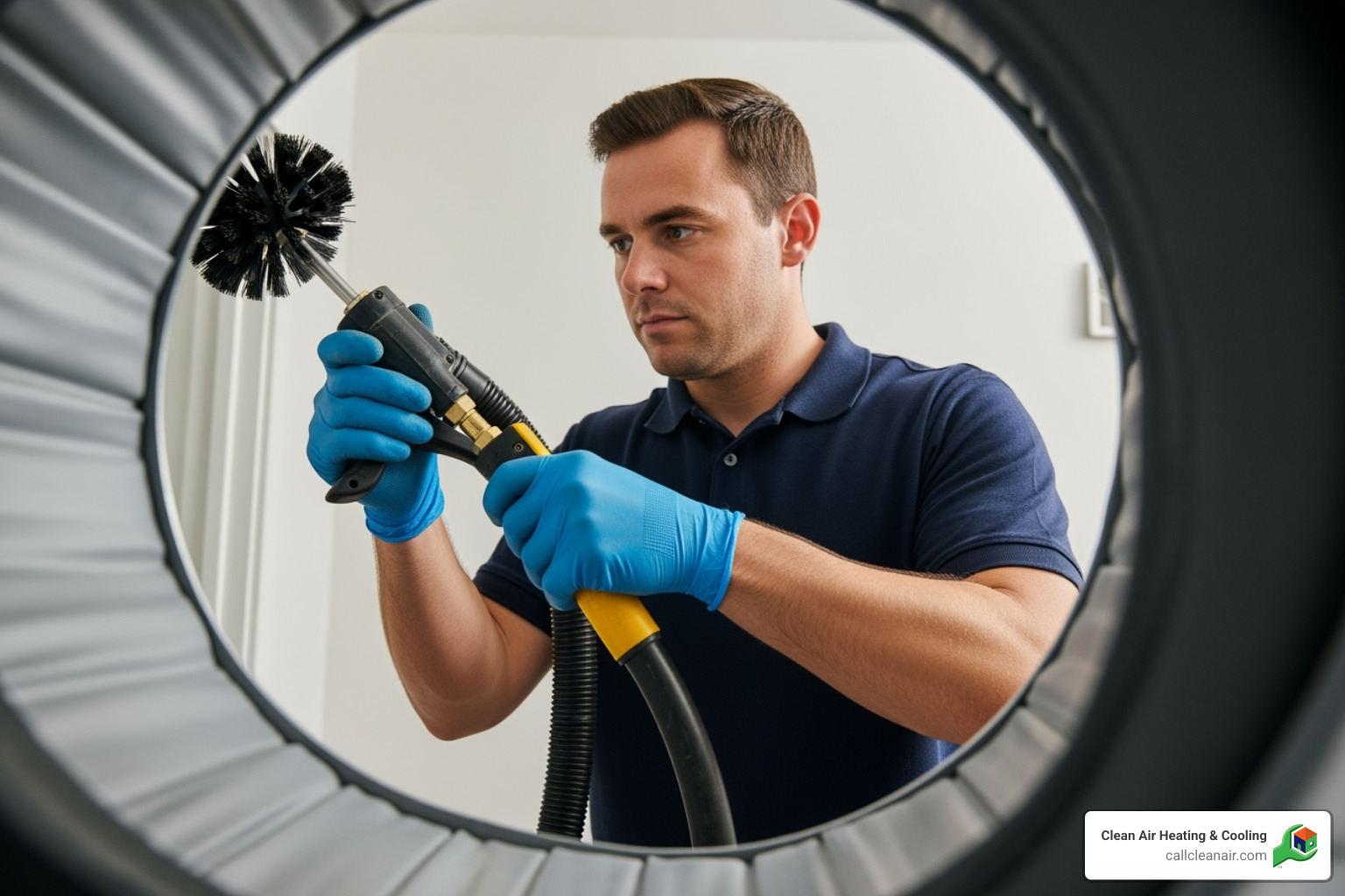 Professional technician using a rotary brush and vacuum hose to clean air ducts - air vents cleaned