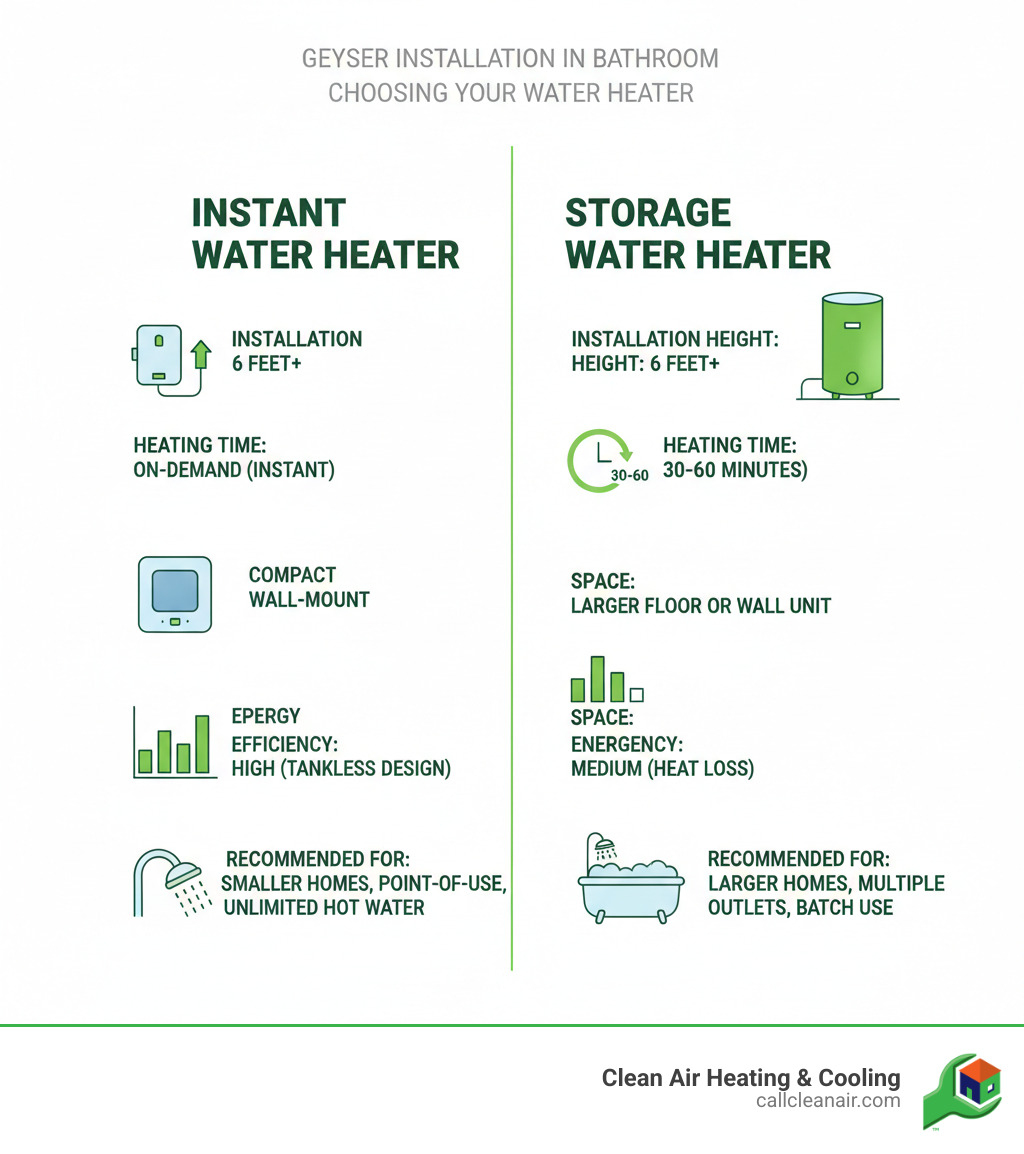 Infographic comparing instant vs storage water heaters showing installation height requirements, typical heating times (instant: on-demand, storage: 30-60 minutes), space requirements (instant: compact wall-mount, storage: larger floor or wall unit), energy efficiency ratings, and recommended applications for each type - geyser installation in bathroom infographic Infographic comparing instant vs storage water heaters showing installation height requirements, typical heating times (instant: on-demand, storage: 30-60 minutes), space requirements (instant: compact wall-mount, storage: larger floor or wall unit), energy efficiency ratings, and recommended applications for each type - geyser installation in bathroom infographic