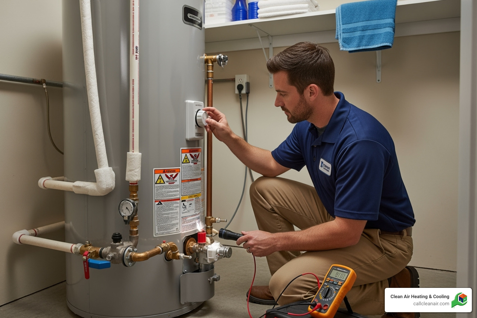Technician inspecting a water heater for issues - geyser installation in bathroom Technician inspecting a water heater for issues - geyser installation in bathroom
