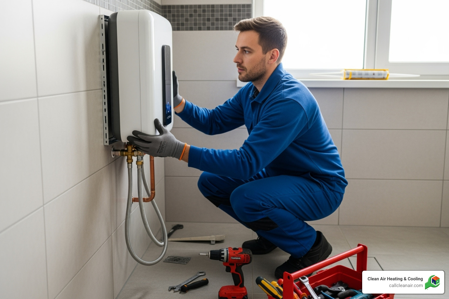 Technician mounting a geyser on a bathroom wall - geyser installation in bathroom Technician mounting a geyser on a bathroom wall - geyser installation in bathroom
