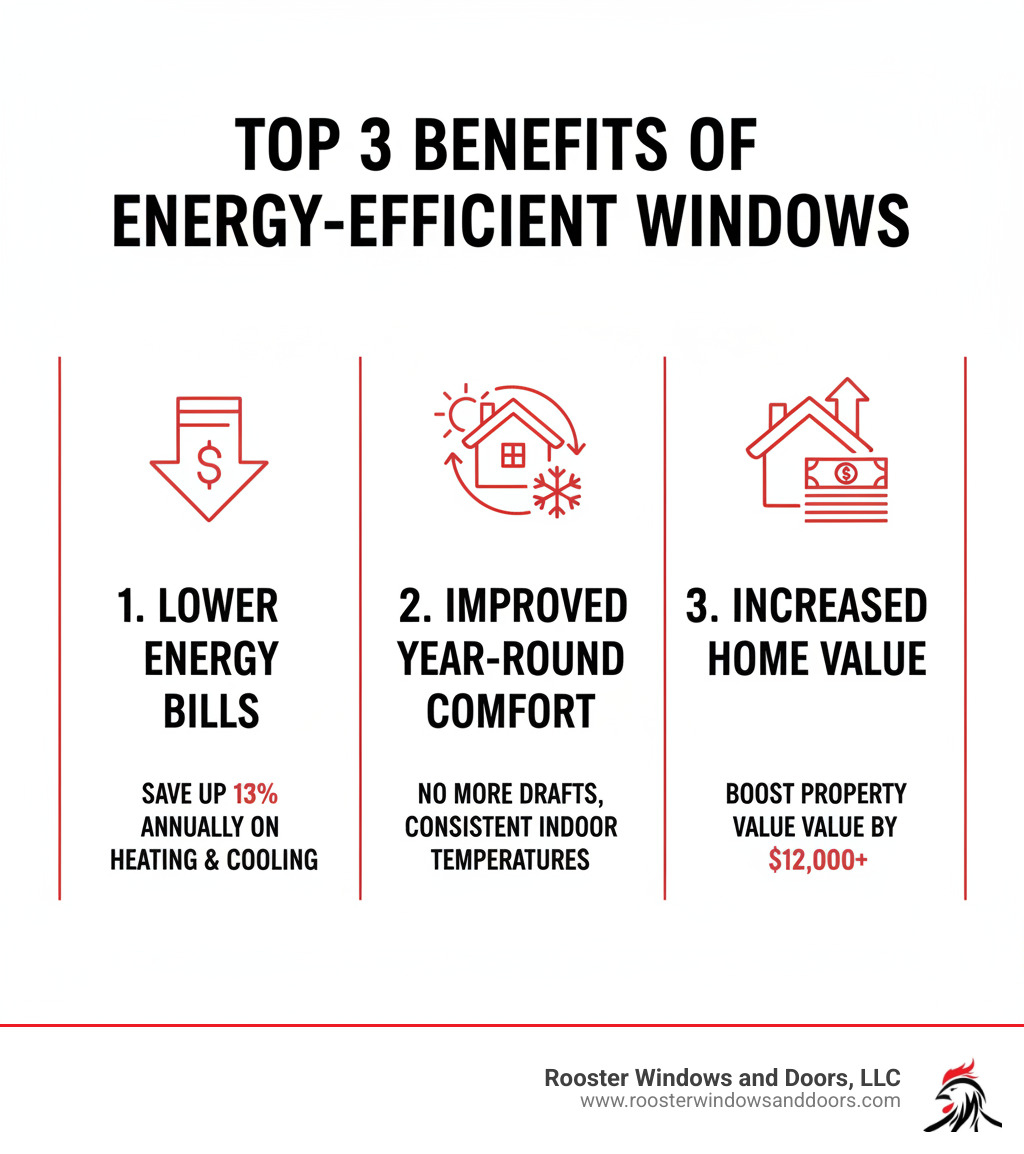 Infographic showing the top 3 benefits of energy-efficient windows: 1. Lower Energy Bills - Save up to 13% on heating and cooling costs annually, 2. Improved Year-Round Comfort - Eliminate drafts and maintain consistent indoor temperatures in both summer and winter, 3. Increased Home Value - Boost property value by $12,000 or more with modern, efficient windows - Energy efficient window installation infographic 