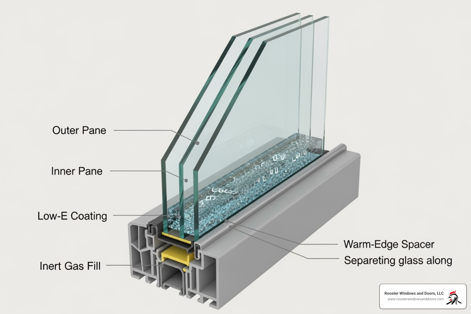 Cross-section of a double-pane window showing the Low-E coating, gas fill, and warm-edge spacers - Energy efficient window installation