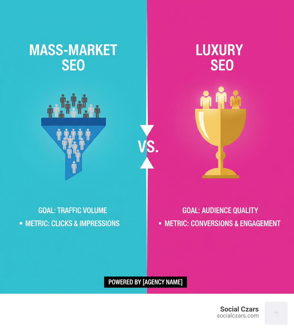 infographic explaining the difference between mass-market SEO goals (traffic volume) vs. luxury SEO goals (audience quality and brand perception) - luxury seo agency infographic 