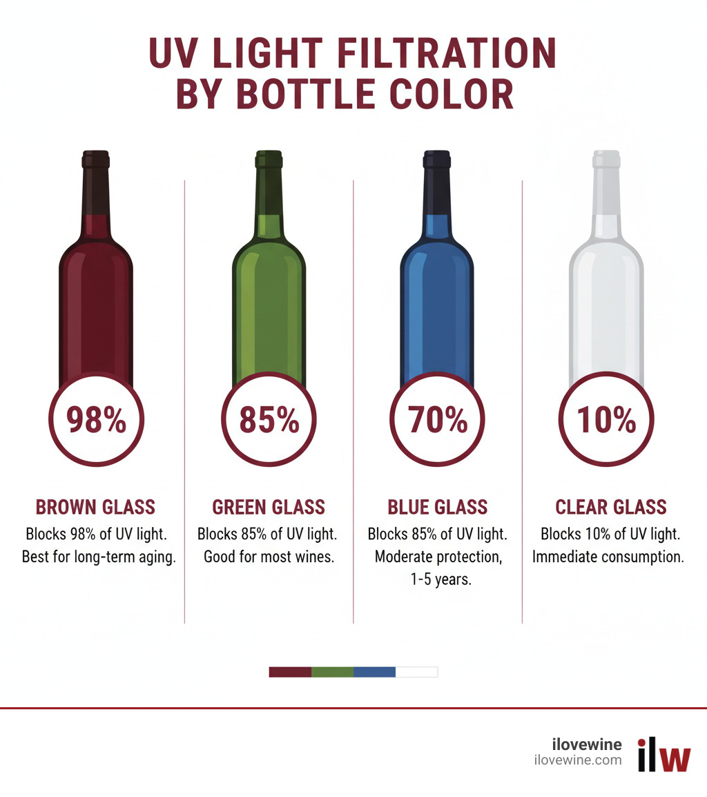 Infographic showing UV light filtration by bottle color: Brown glass blocks 98% of UV light and offers best protection for long-term aging; Green glass blocks 85% of UV light and provides good protection for most wines; Blue glass blocks 70% of UV light and offers moderate protection suitable for wines consumed within 1-5 years; Clear glass blocks only 10% of UV light and requires immediate consumption or dark storage - blue bottle red wine infographic 