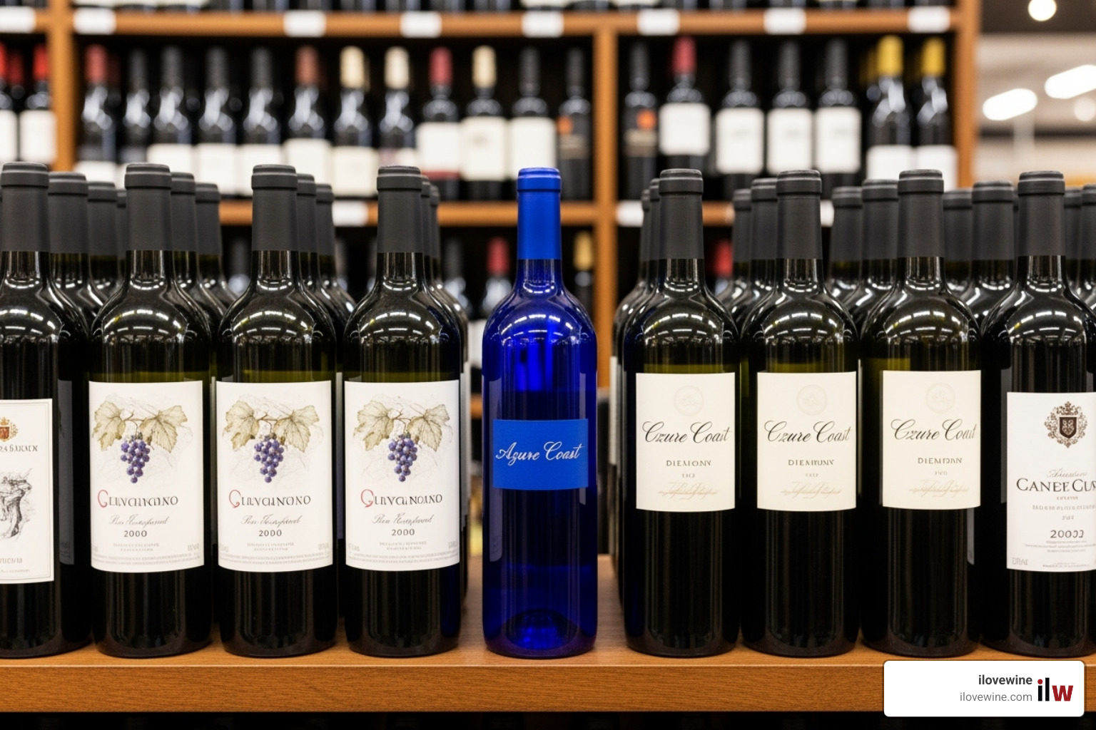 wine shelf showing a blue bottle standing out - blue bottle red wine
