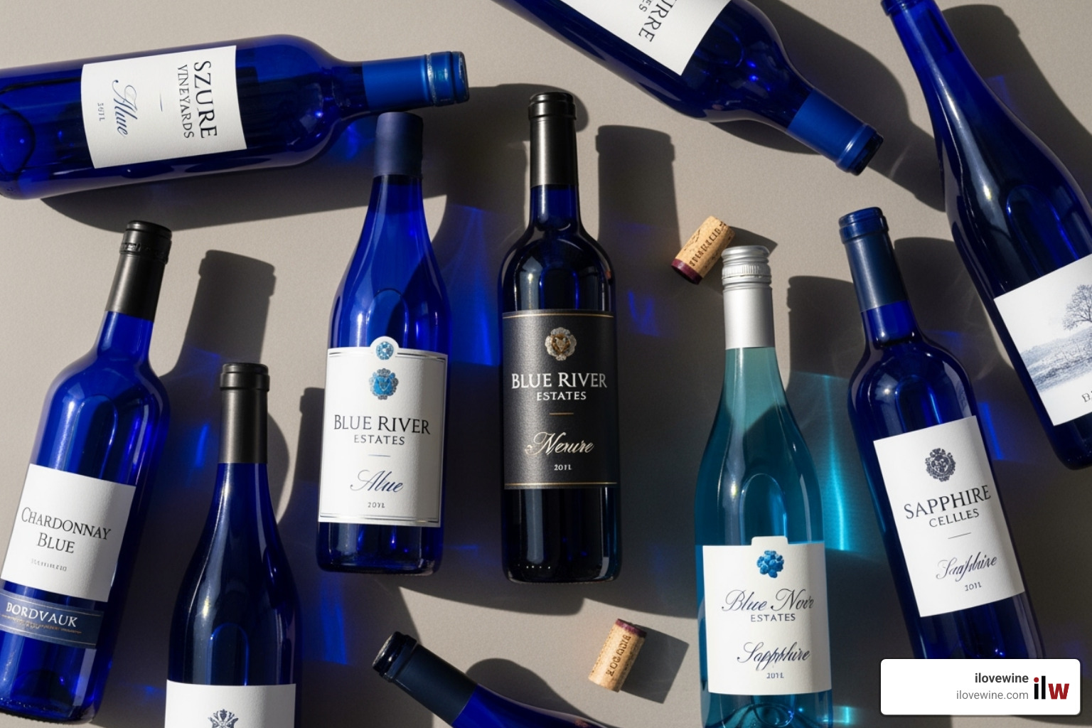 flat lay featuring several different blue bottles of wine - sweet red wine in blue bottle