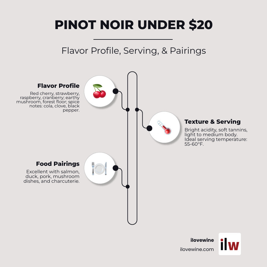 Infographic showing the flavor profile of Pinot Noir under $20: Primary flavors include red cherry, strawberry, raspberry, and cranberry in the fruit category; earthy notes of mushroom, forest floor, and dried herbs; spice elements like cola, clove, and black pepper; and textural characteristics of bright acidity, soft tannins, and light to medium body. The infographic also shows ideal serving temperature of 55-60°F and common food pairings including salmon, duck, pork, mushroom dishes, and charcuterie. - good pinot noir under $20 infographic infographic-line-3-steps-elegant_beige
