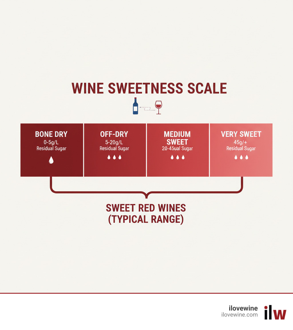 Infographic showing the wine sweetness scale from bone dry (0-5g/L residual sugar) through off-dry (5-20g/L) to medium sweet (20-45g/L) and very sweet (45g/L+), with sweet red wines typically falling in the medium sweet to very sweet range - sweet red wine in blue bottle infographic 