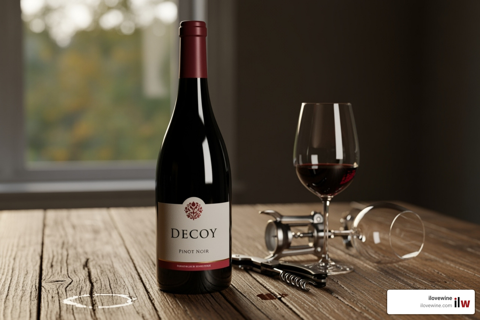bottle of Decoy Pinot Noir on a rustic table - good pinot noir under $20