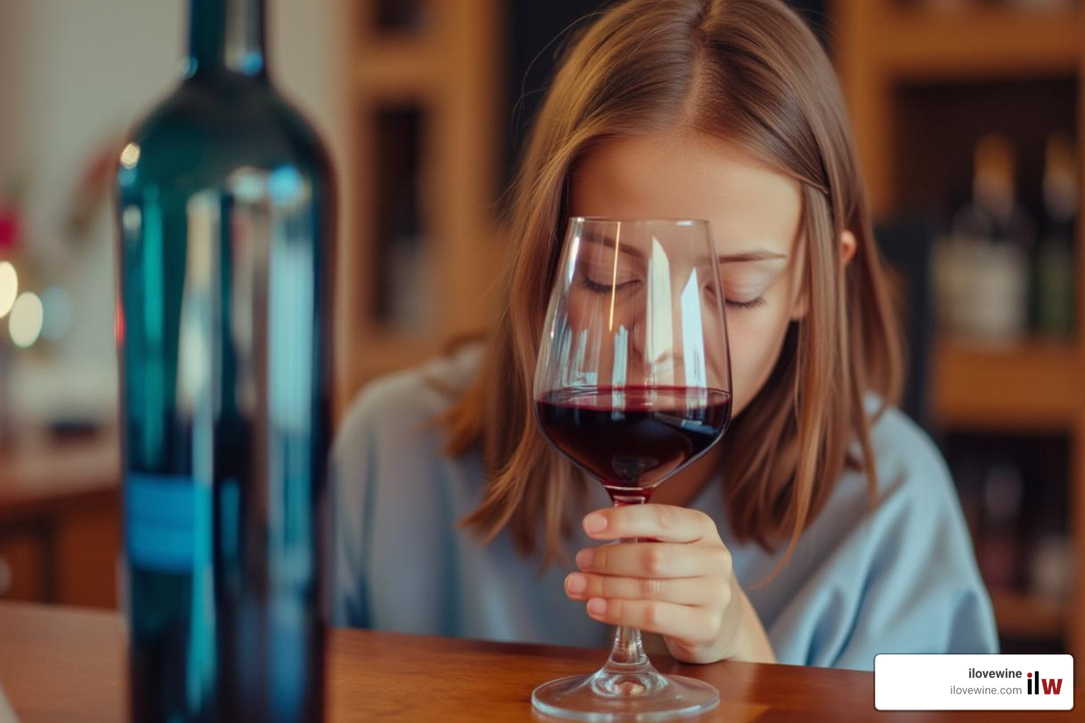 a wine novice tasting sweet red wine in a blue bottle - sweet red wine in blue bottle