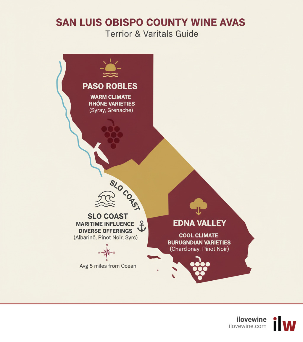 Infographic showing the three main wine-growing AVAs in San Luis Obispo County: Paso Robles in the north with warm climate and Rhône varieties, Edna Valley in the south with cool climate and Burgundian varieties, and SLO Coast along the western edge with maritime influence and diverse offerings. Map includes average distance from ocean (5 miles for SLO Coast), typical varietals for each region, and climate characteristics. - wine festival san luis obispo infographic 