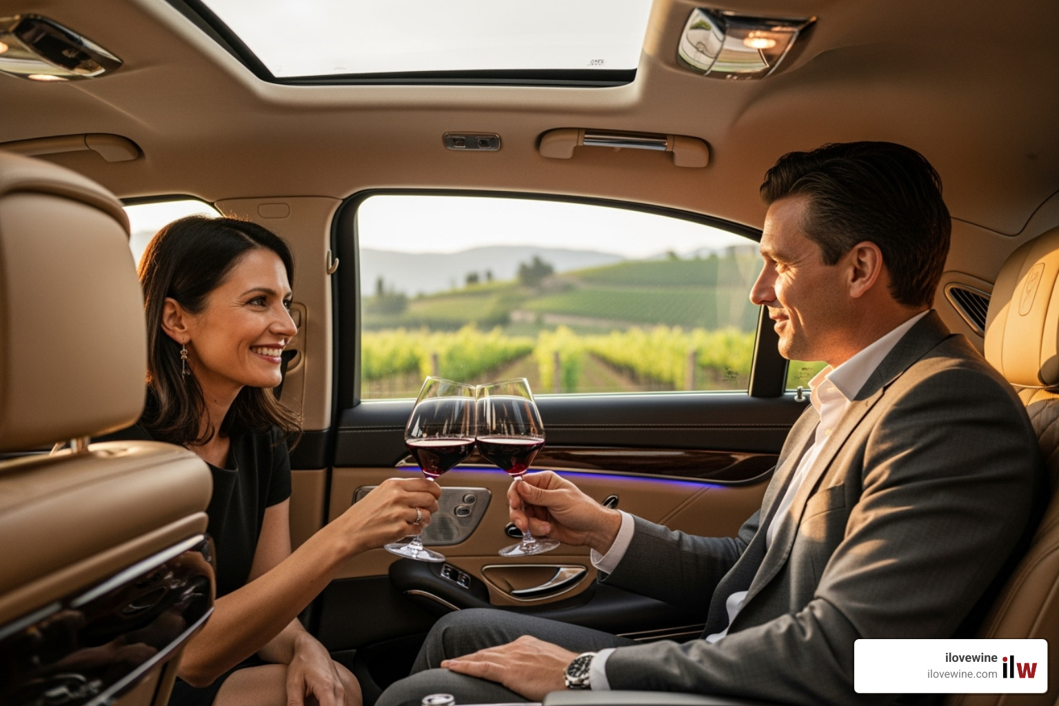 happy couple toasting with wine in car - car service temecula wine tasting