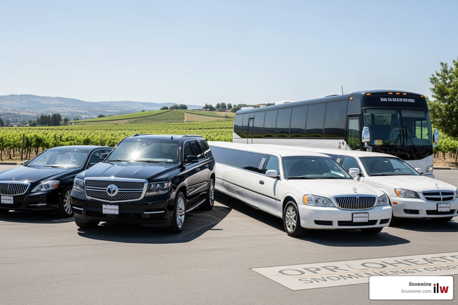 diverse fleet including luxury sedan, SUV, stretch limo, and party bus - car service temecula wine tasting