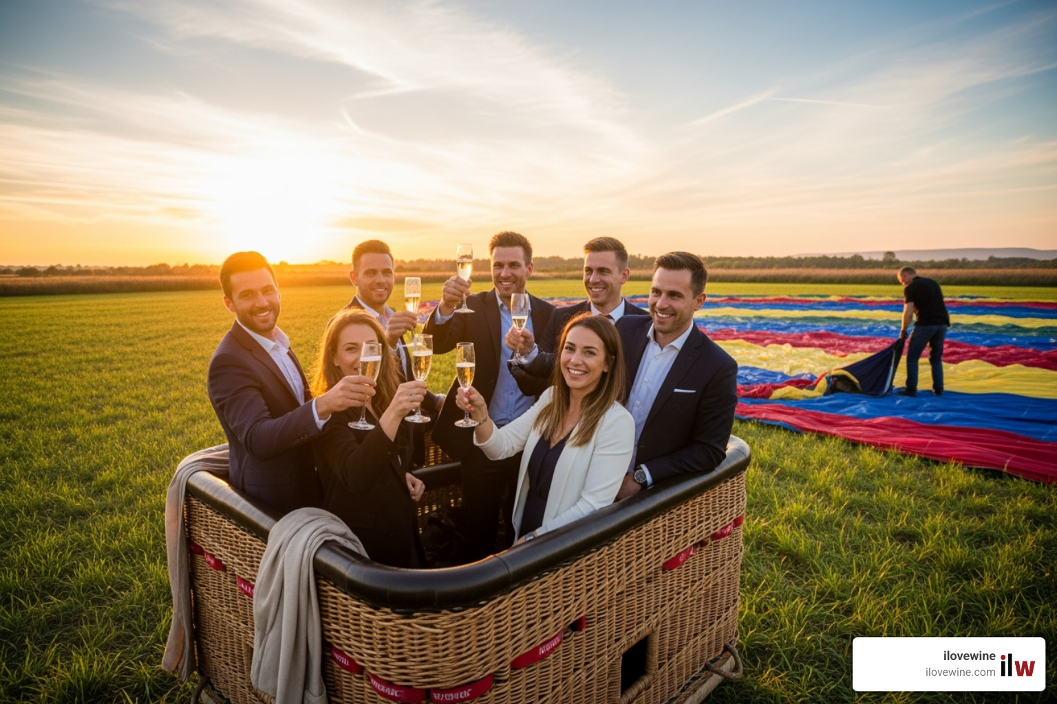 Guests enjoying a celebratory toast in a balloon basket post-flight - hot air ballooning in temecula