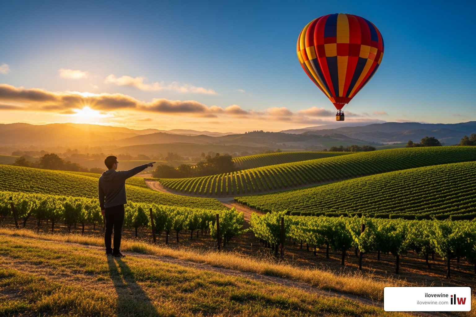 A person pointing at the balloon over Temecula vineyards - hot air ballooning in temecula