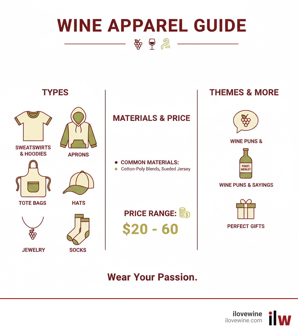 infographic showing types of wine themed apparel including t-shirts, sweatshirts, hoodies, aprons, tote bags, hats, socks and jewelry, with popular price ranges from $20-$60 and common materials like cotton-poly blends and sueded jersey - Wine themed apparel infographic 