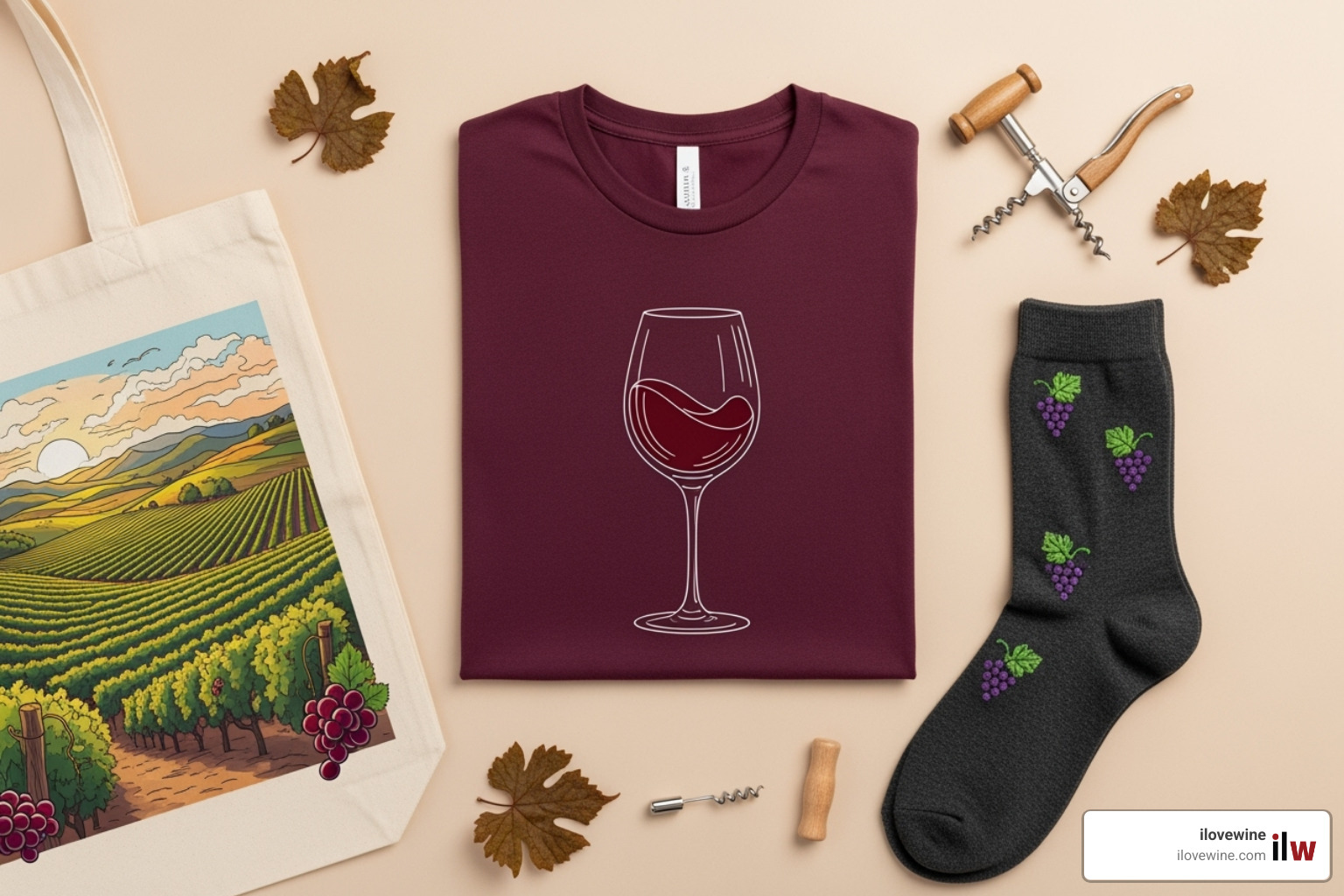 stylish flat lay of wine-themed apparel - Wine themed apparel