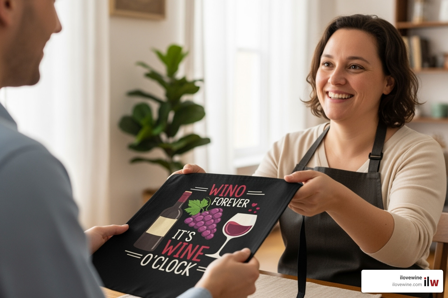 person receiving wine-themed apron as a gift - Wine themed apparel