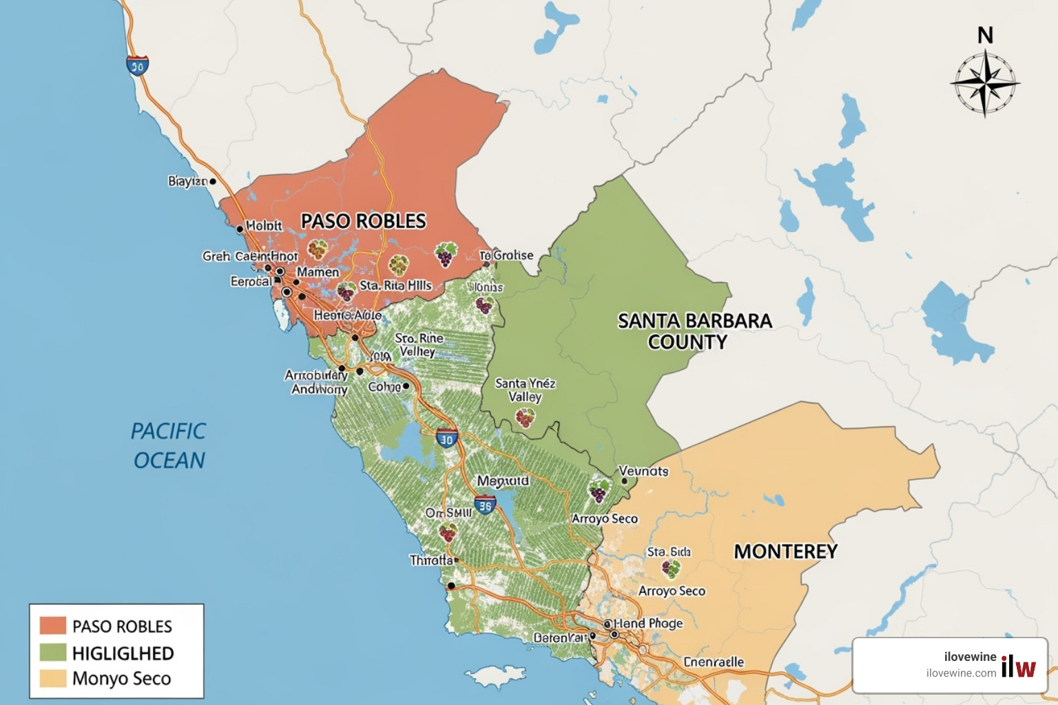 A wine map highlighting Paso Robles, Santa Barbara County, and Monterey County - california central coast wineries A wine map highlighting Paso Robles, Santa Barbara County, and Monterey County - california central coast wineries