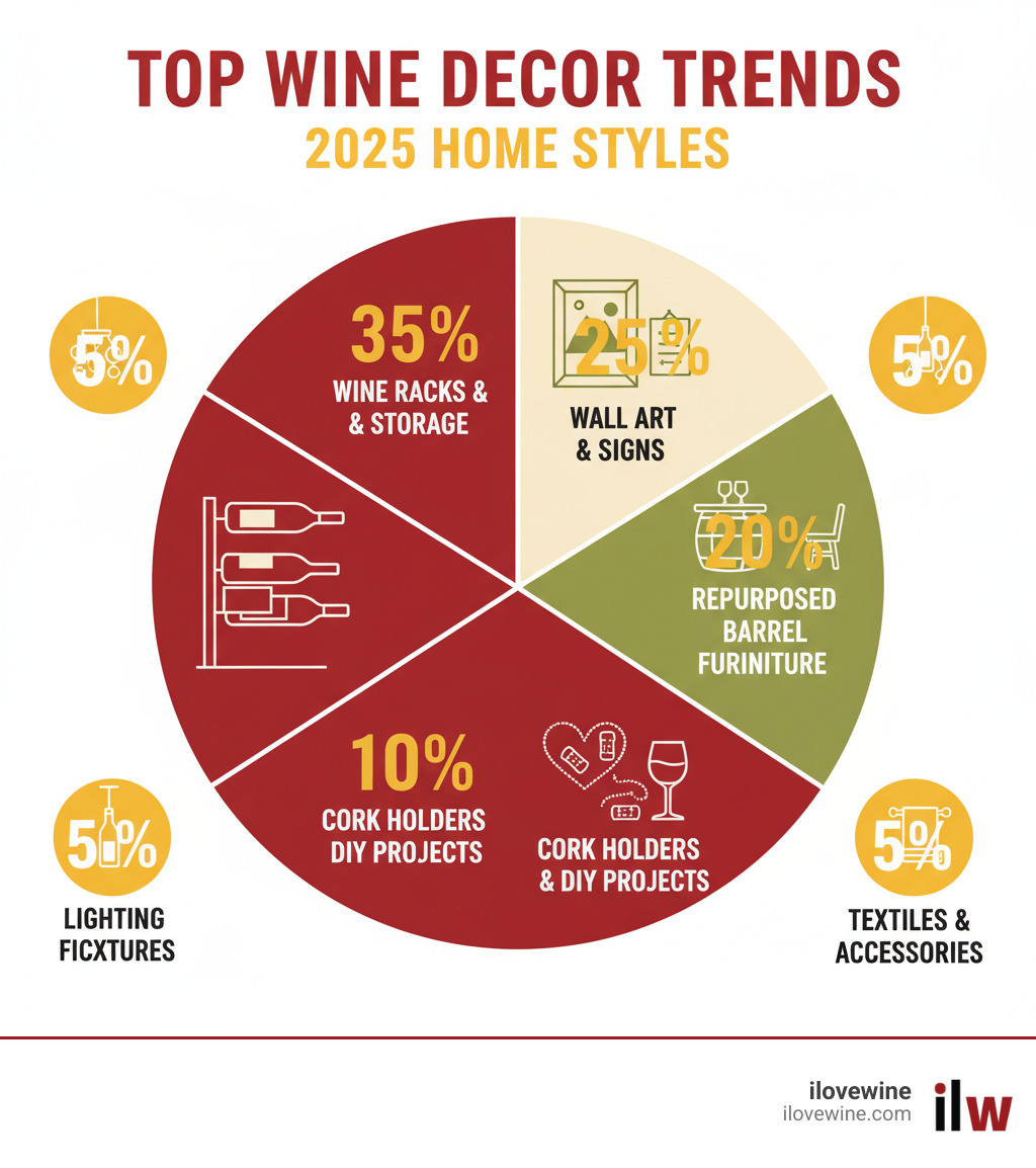 infographic showing the most popular types of wine themed decor including percentages: wine racks and storage (35%), wall art and signs (25%), repurposed barrel furniture (20%), cork holders and DIY projects (10%), lighting fixtures (5%), and textiles and accessories (5%) - Wine themed decor infographic 