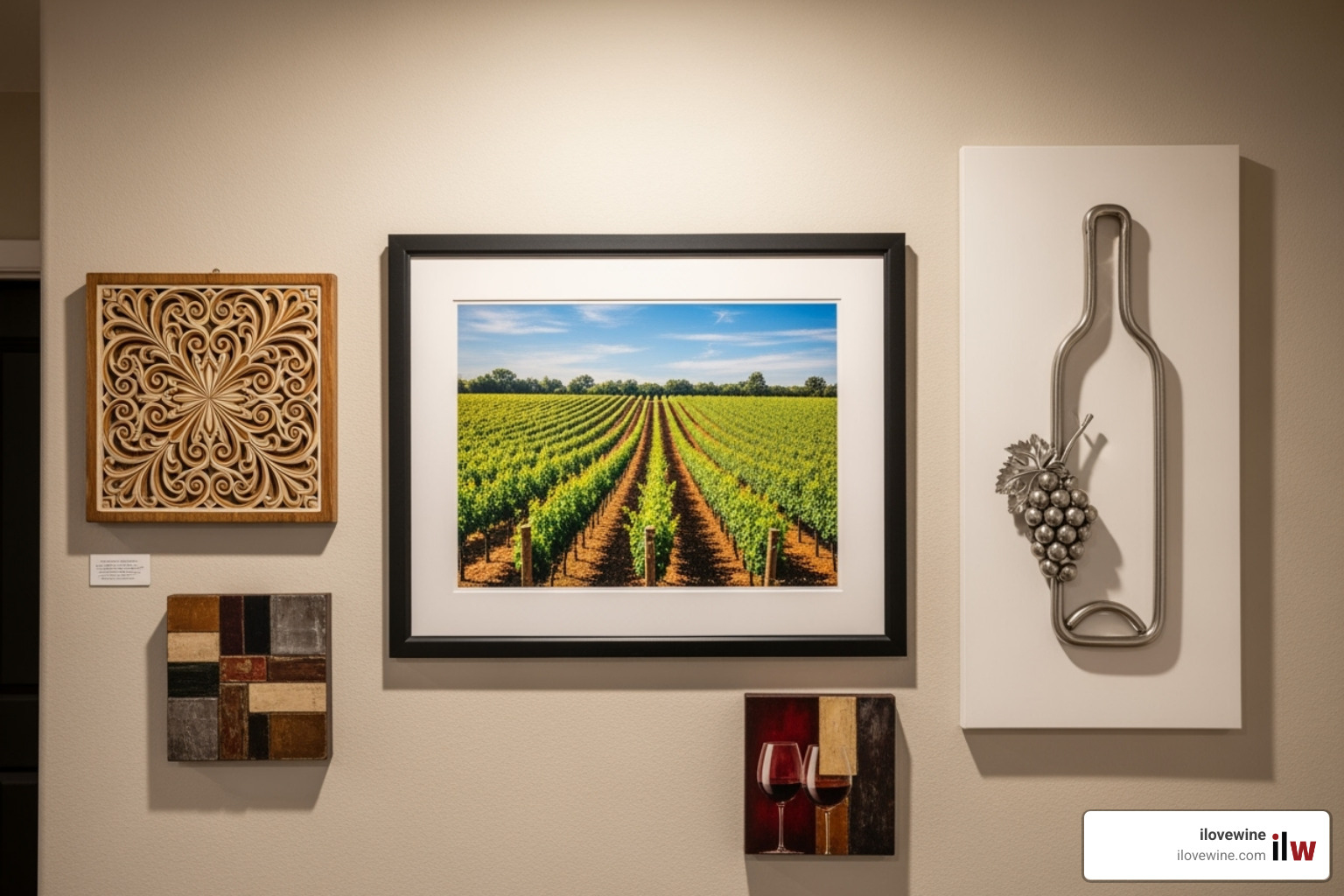 gallery wall featuring a mix of vineyard landscape photography, a witty wine quote sign, and a metal wine bottle art piece - Wine themed decor