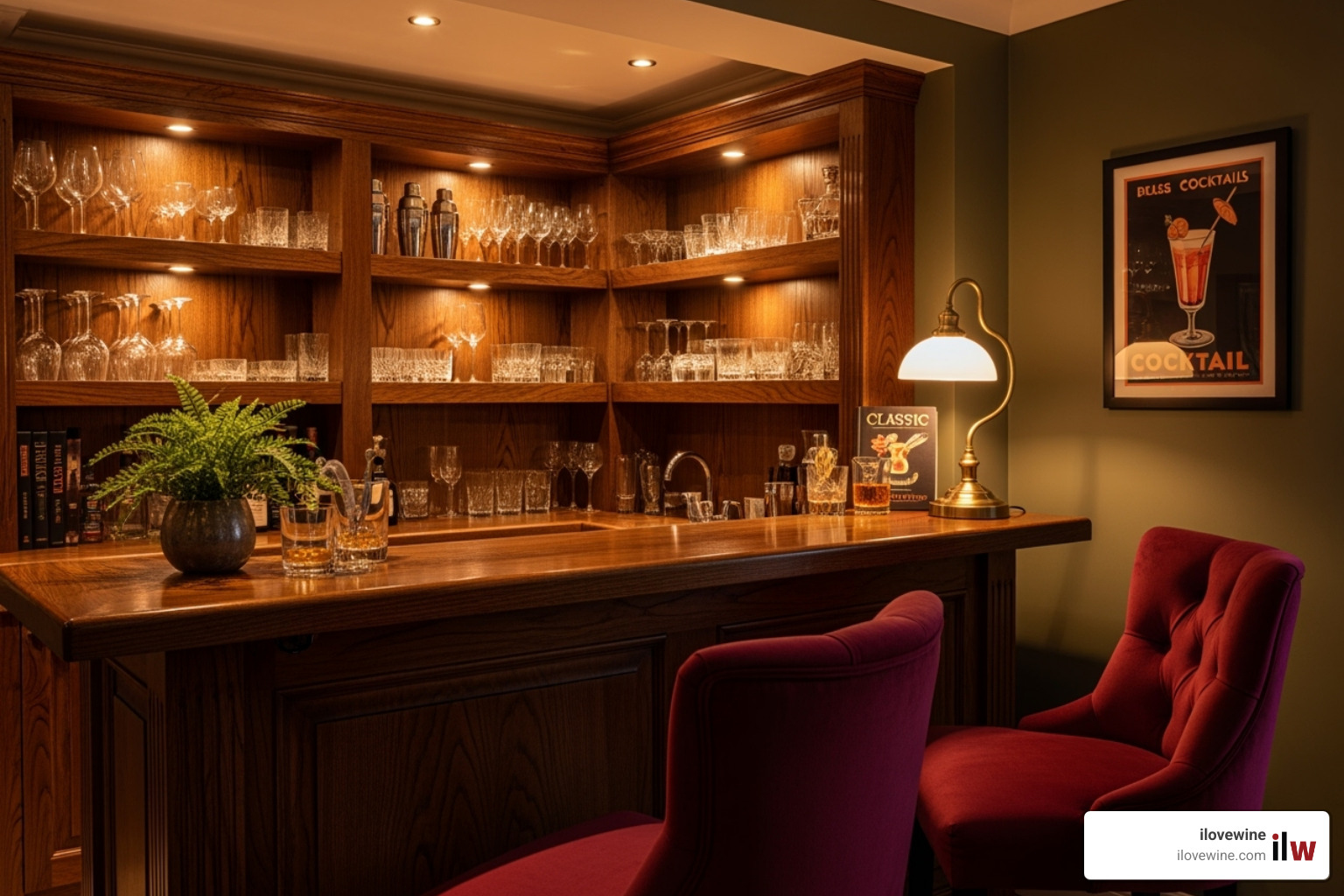 cozy home bar corner with warm, ambient lighting, plush chairs in a burgundy color, and a display of neat glassware - Wine themed decor