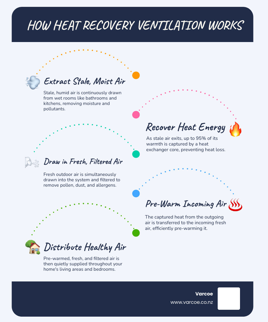 Detailed infographic showing how heat recovery ventilation works in an Auckland home: stale moist air being extracted from bathroom and kitchen, passing through a heat exchanger core, while fresh filtered outdoor air enters and gets pre-warmed by the recovered heat before being distributed to living areas and bedrooms, with percentage indicators showing up to 95% heat recovery efficiency - Heat recovery ventilation Auckland infographic infographic-line-5-steps-blues-accent_colors