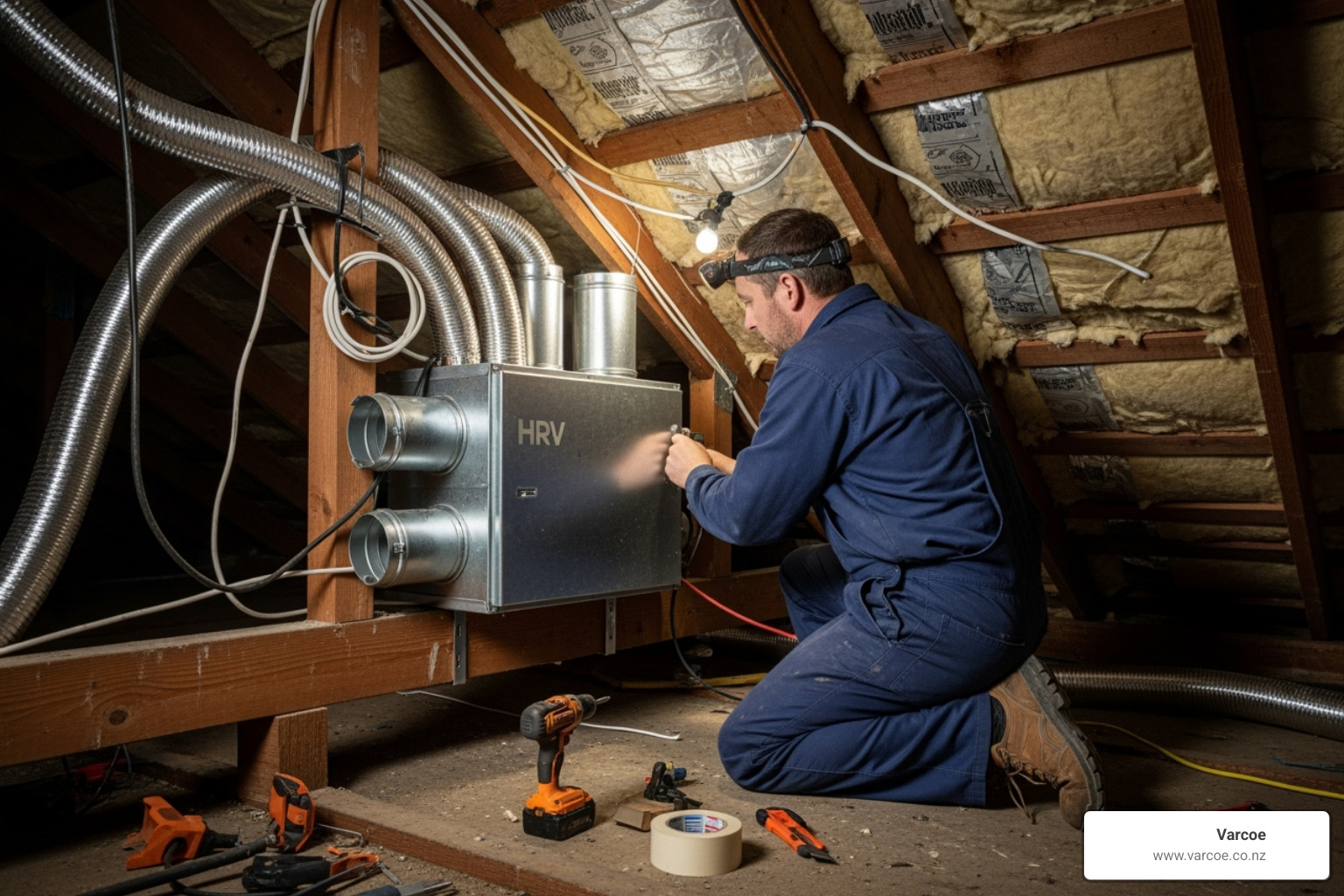 Qualified technician installing HRV unit in South Auckland roof space - Heat recovery ventilation Auckland