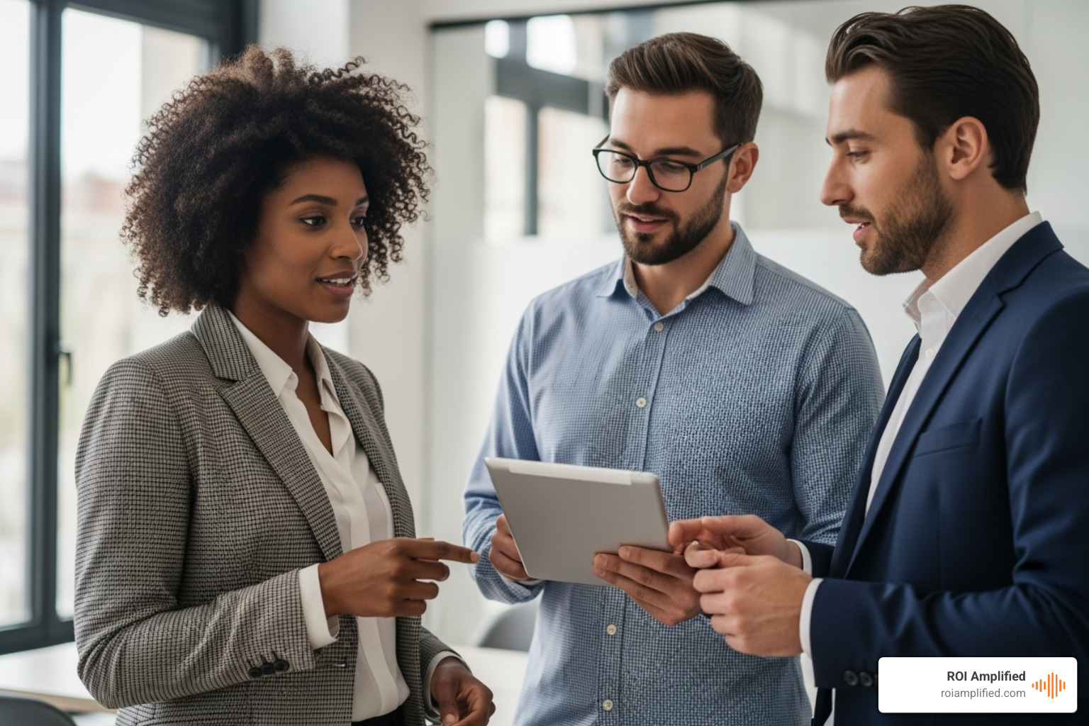 Three people collaborating and looking at a tablet, representing professional SEO services - tampa local seo Three people collaborating and looking at a tablet, representing professional SEO services - tampa local seo