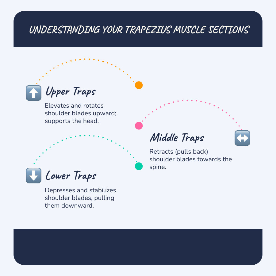 Infographic showing the three sections of the trapezius muscle: upper trapezius (superior fibers) that elevate and rotate the shoulder blades upward, middle trapezius (transverse fibers) that retract the shoulder blades toward the spine, and lower trapezius (inferior fibers) that depress and stabilize the shoulder blades, with arrows indicating the direction of muscle fibers from the skull and spine to the shoulder and collarbone - muscle traps infographic infographic-line-3-steps-blues-accent_colors