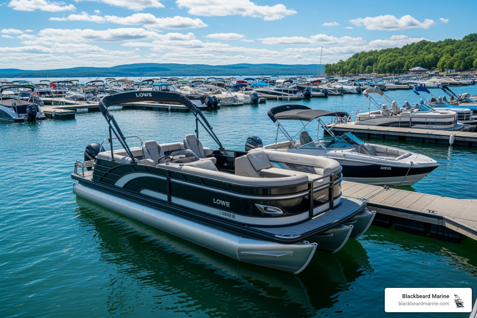 new Lowe pontoon boat model docked at a marina - pontoon boat dealers in oklahoma city new Lowe pontoon boat model docked at a marina - pontoon boat dealers in oklahoma city