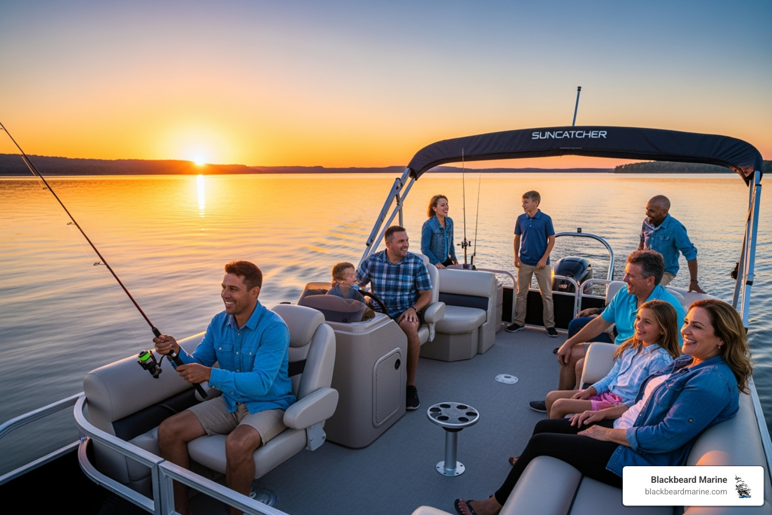 Family and friends enjoying a Suncatcher pontoon boat at sunset on a calm Oklahoma lake, laughing and fishing - pontoon boat dealers in oklahoma city Family and friends enjoying a Suncatcher pontoon boat at sunset on a calm Oklahoma lake, laughing and fishing - pontoon boat dealers in oklahoma city