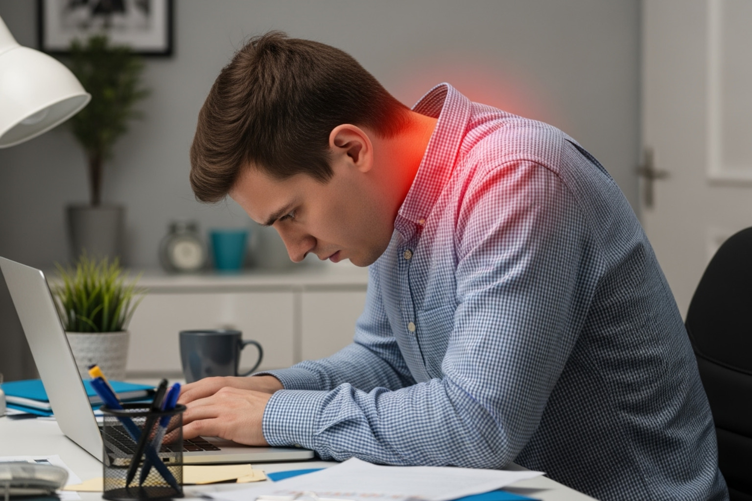 Person sitting at a desk with poor posture, hunched over a laptop, with red highlights indicating strain on the neck and shoulder area - muscle traps