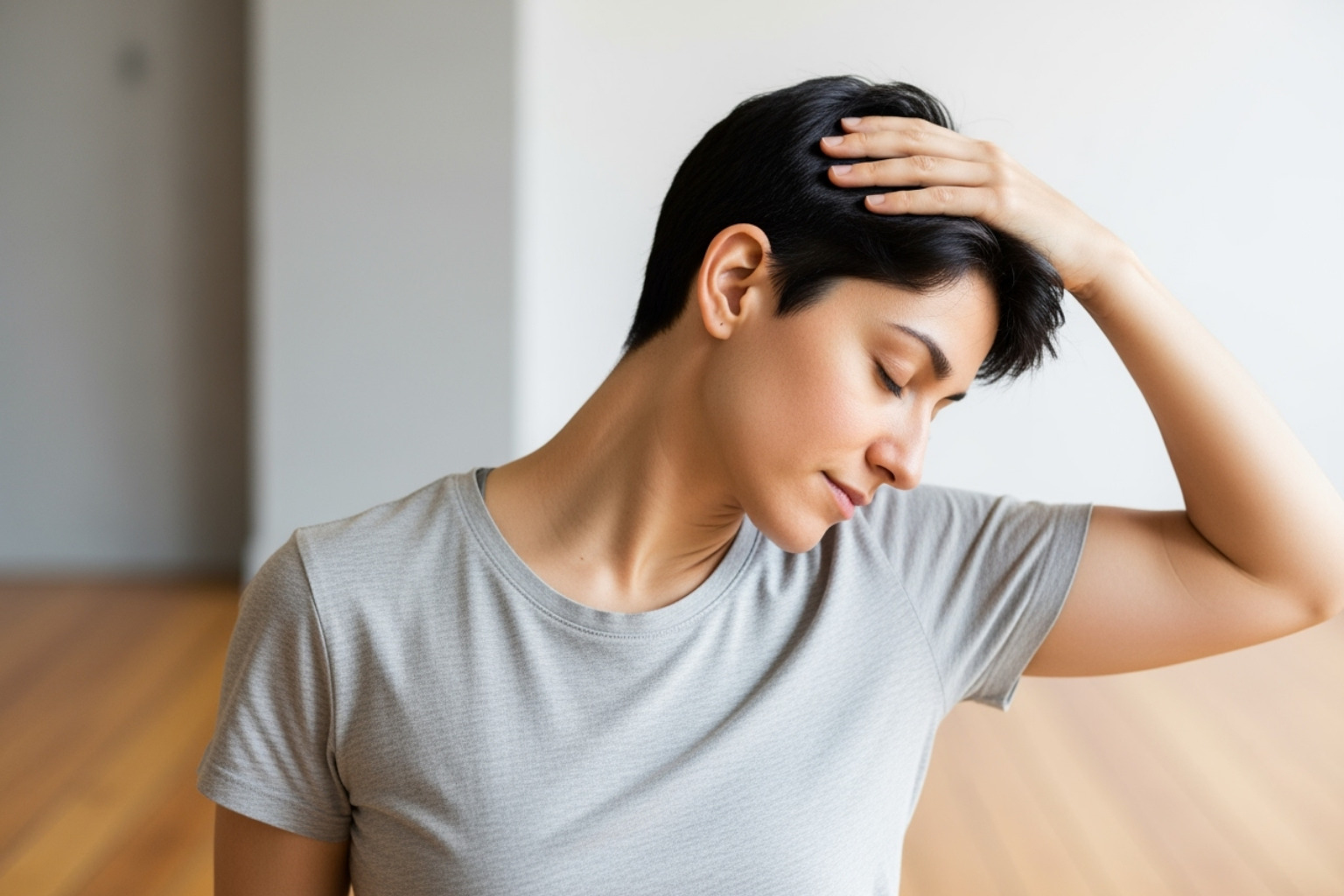 A person performing an ear-to-shoulder stretch, gently tilting their head to the side while using their hand to deepen the stretch, illustrating a simple trapezius relief exercise - muscle traps