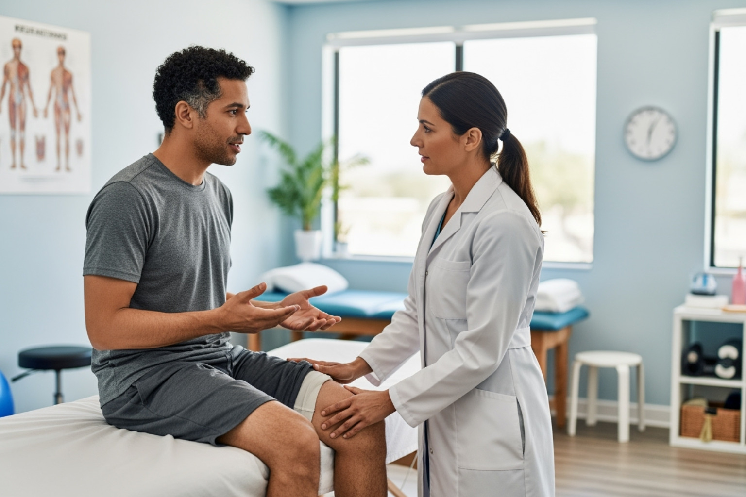 person consulting with physical therapist about knee pain - Post workout muscle relief person consulting with physical therapist about knee pain - Post workout muscle relief