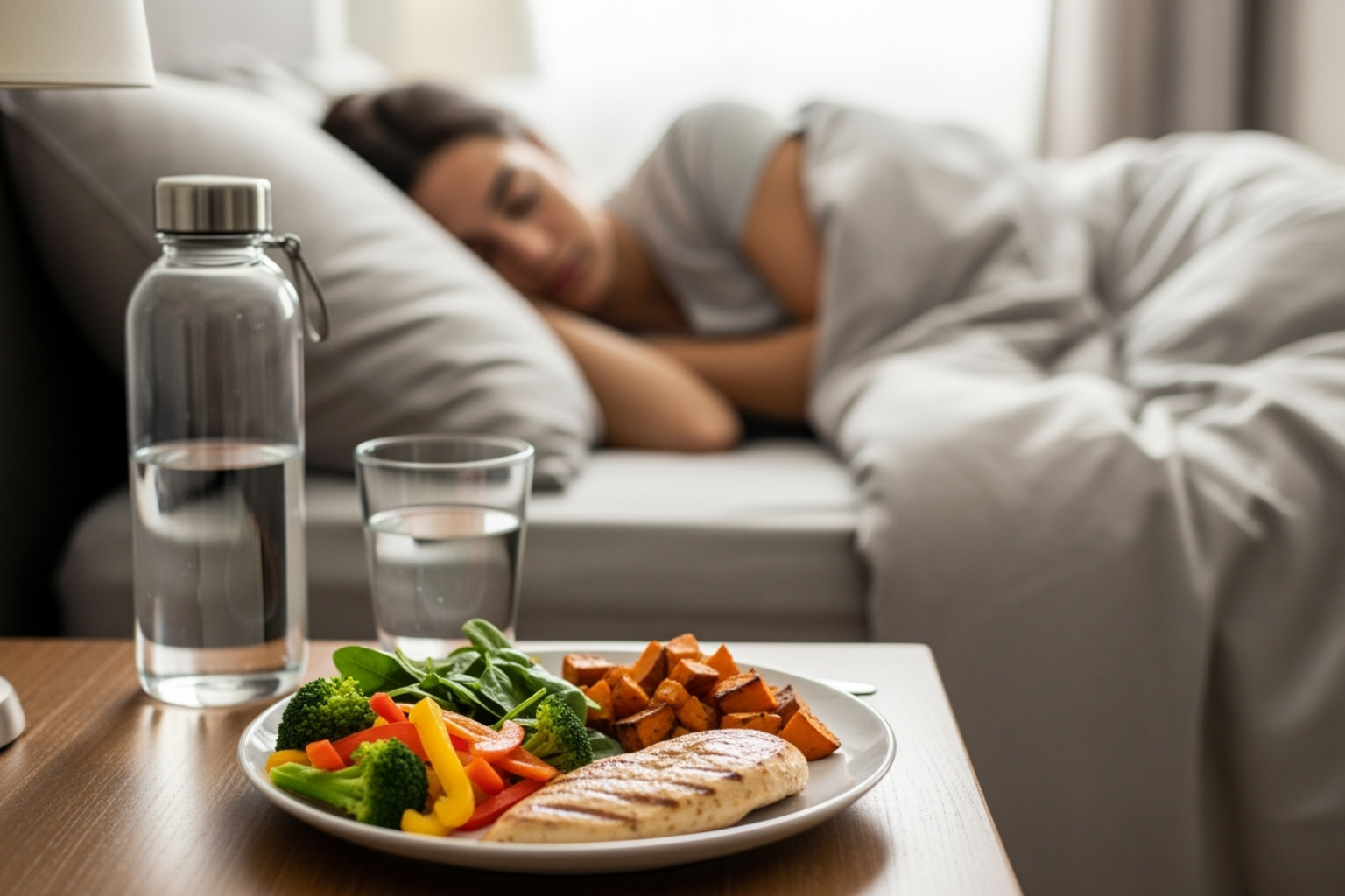 healthy post-workout meal, water bottle, person sleeping peacefully - Post workout muscle relief healthy post-workout meal, water bottle, person sleeping peacefully - Post workout muscle relief