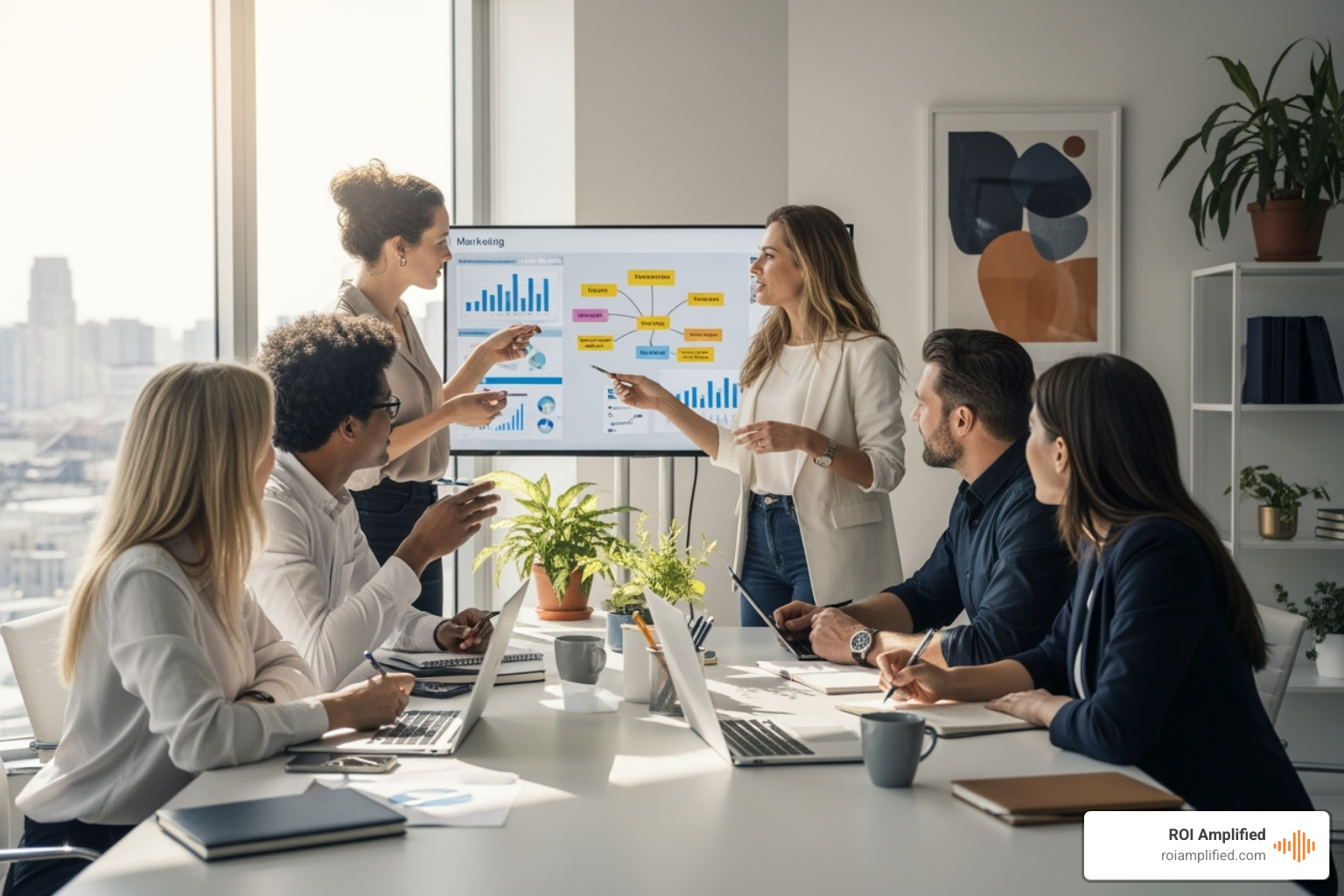 Diverse marketing team collaborating around a computer showing analytics - affordable seo services tampa