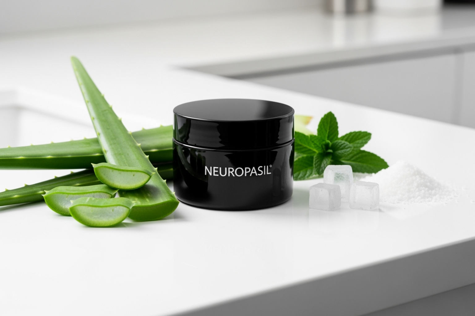 Neuropasil product bottle next to key natural ingredients - best foot cream for sore feet